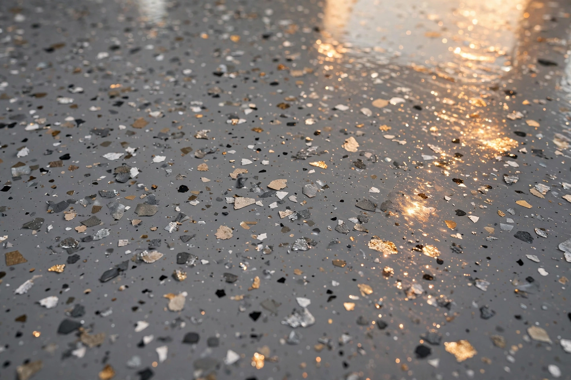 Glossy grey epoxy garage floor with decorative flakes